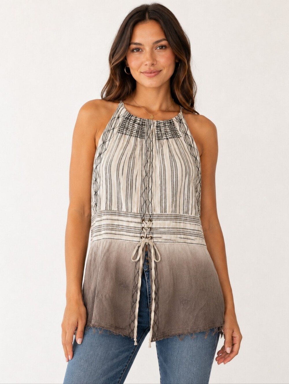 Gimmicks BKE Womens L Linen Rayon Lagenlook Boho Lace Up Striped Tunic Top